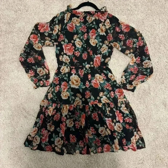 American Eagle Black Floral Chiffon Puff Sleeve Dress, Size S - Picture 2 of 3